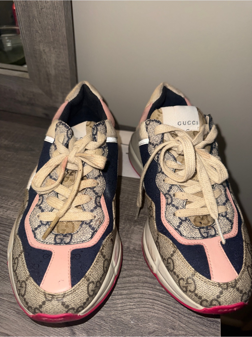 Gucci Beige Gg Canvas Navy And Pink Women’s Sneakers